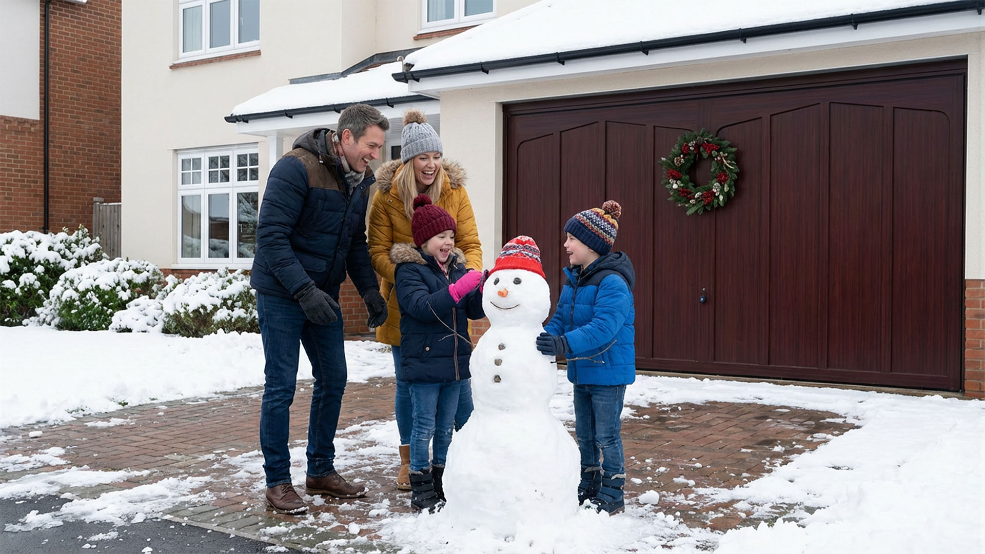 Family on Driveway in Winter Time