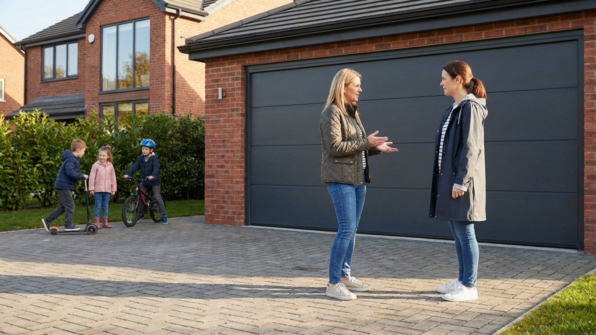 Mum Talking to friends on the Driveway in front of Garage Door