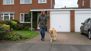 Woman Walking Dog in front of Garage Door