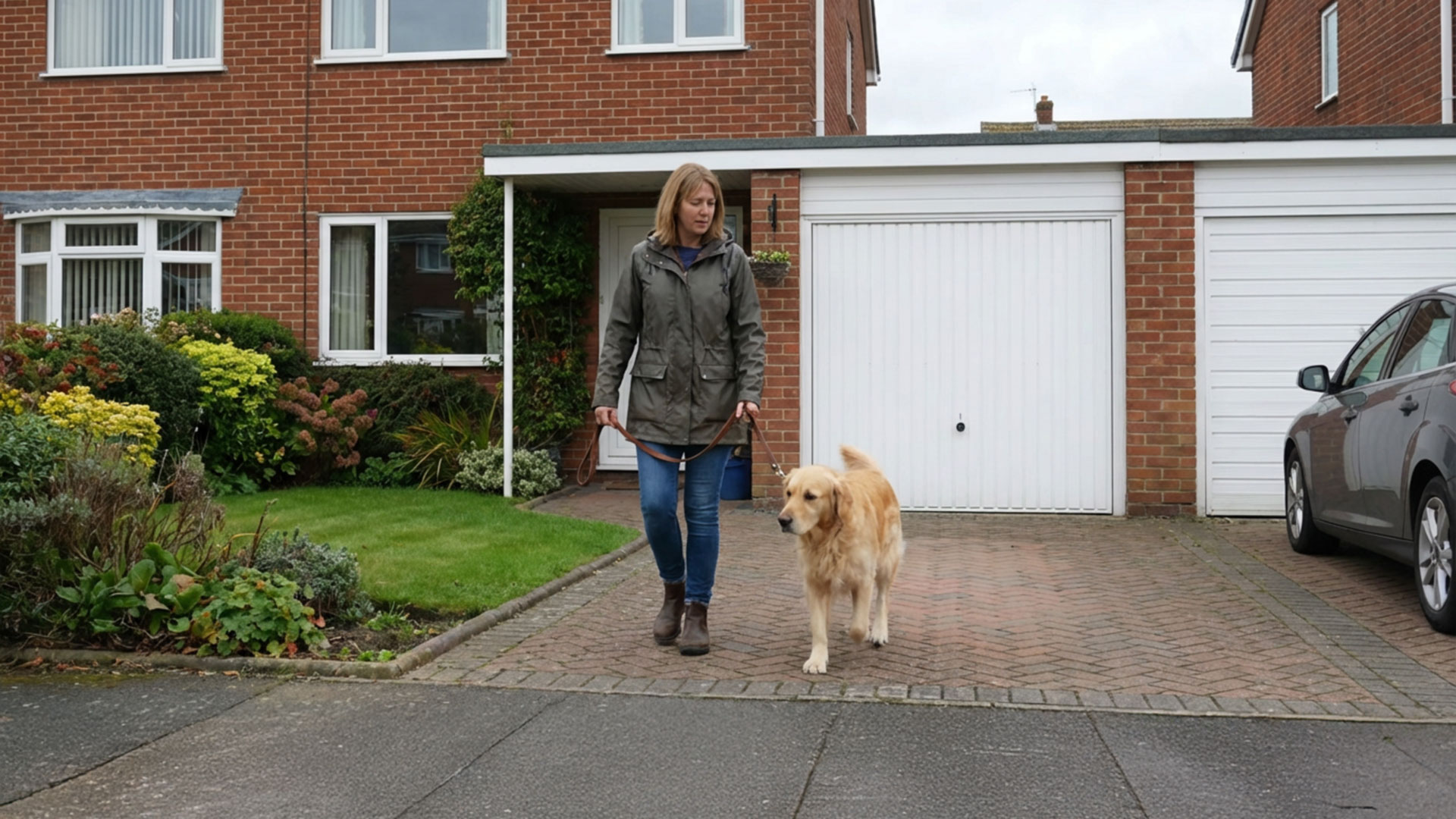 Woman Walking Dog in front of Garage Door