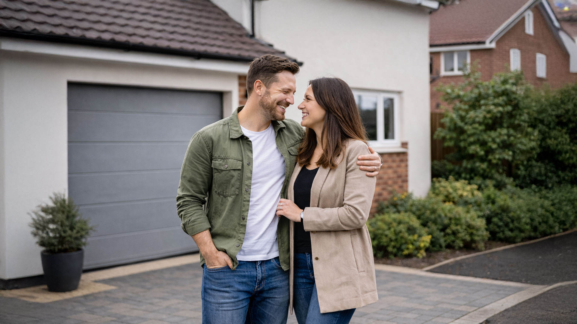 Couple Standing in front of Garage Door
