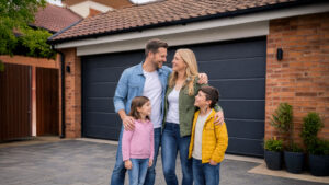 Family Standing in Front of Modern Garage Door