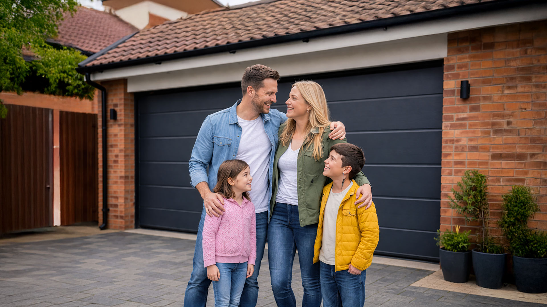 Family Standing in Front of Modern Garage Door