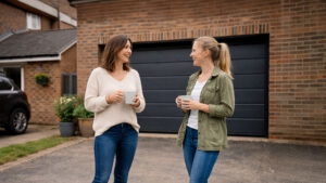 Friends Chatting in front of Garage Door
