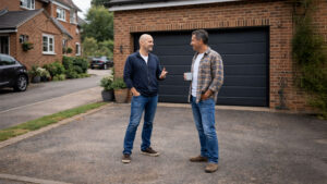 Men Standing in front of Double Garage Door