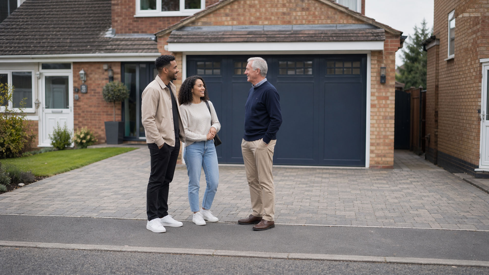 Man Talking to couple in front of Garage Door
