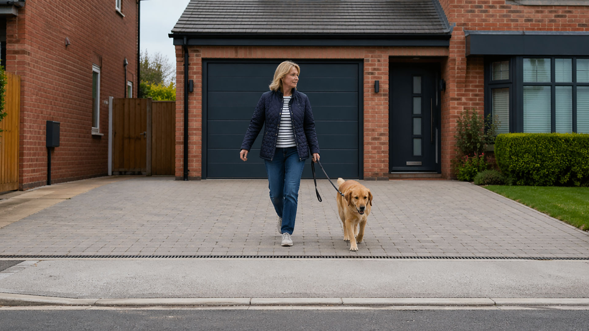 Woman walking dog down Driveway