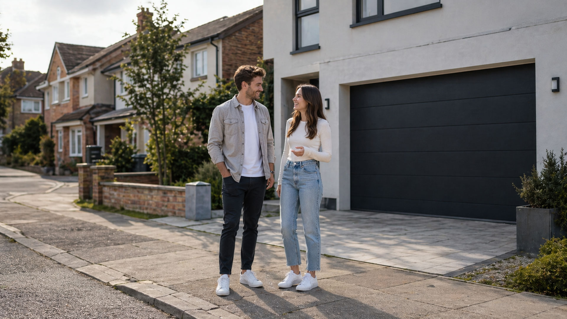 Young Couple chatting in front of Garage Door
