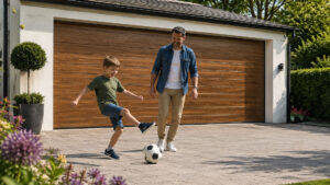 Father and Son Playing Football on Driveways