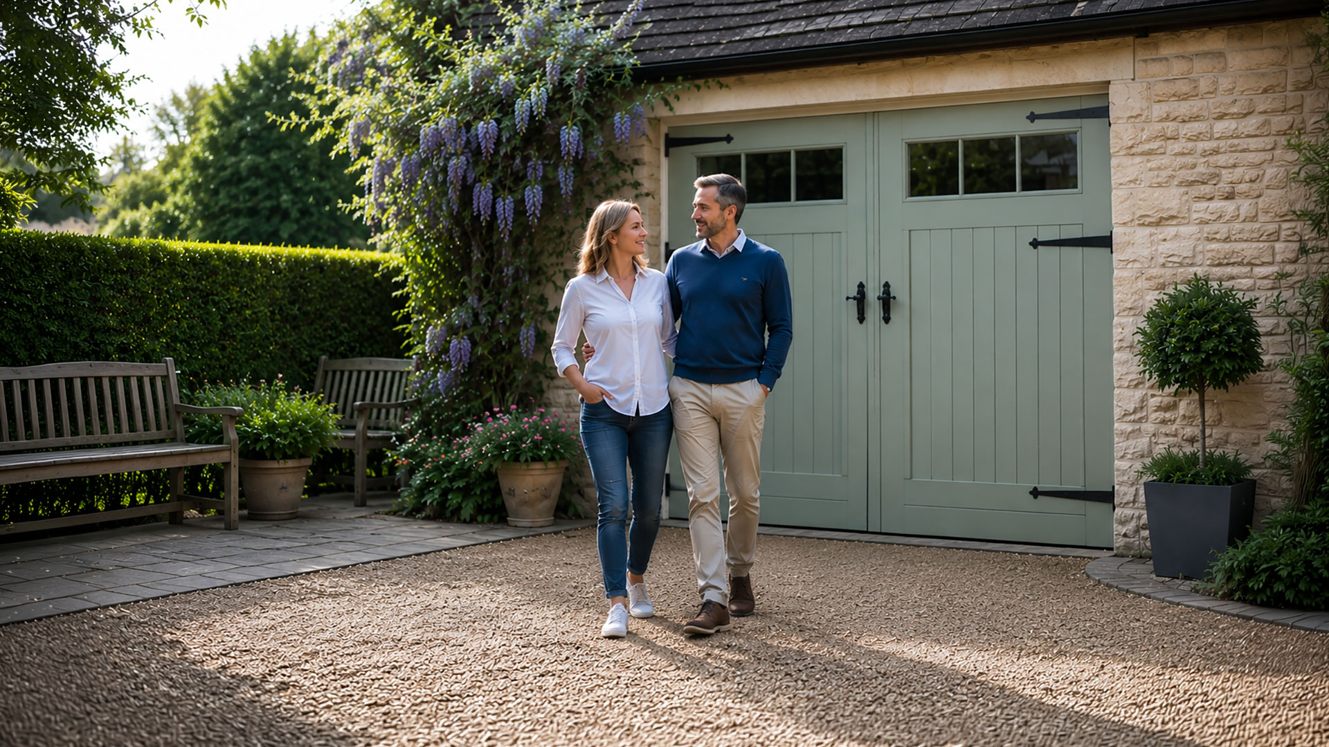 Mature Couple in front of Classic Garage Door